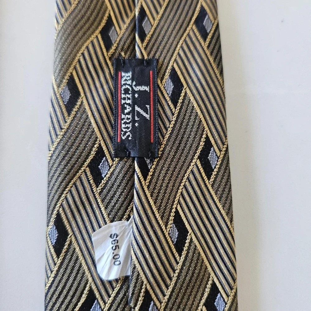 J.Z. Richards Mens 100% Silk Tie Black Gold Geometric Designer Made USA